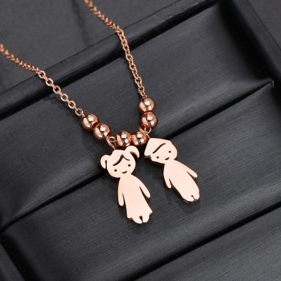 Picture of Stainless Steel Necklace Rose Gold Boy & Girl Lover Blank Stamping Tags One Side 45cm(17 6/8") long, 1 Piece