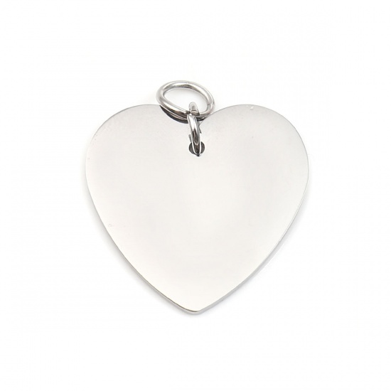 Picture of 304 Stainless Steel Pendants Heart Silver Tone Blank Stamping Tags One Side 30mm x 25mm, 1 Piece