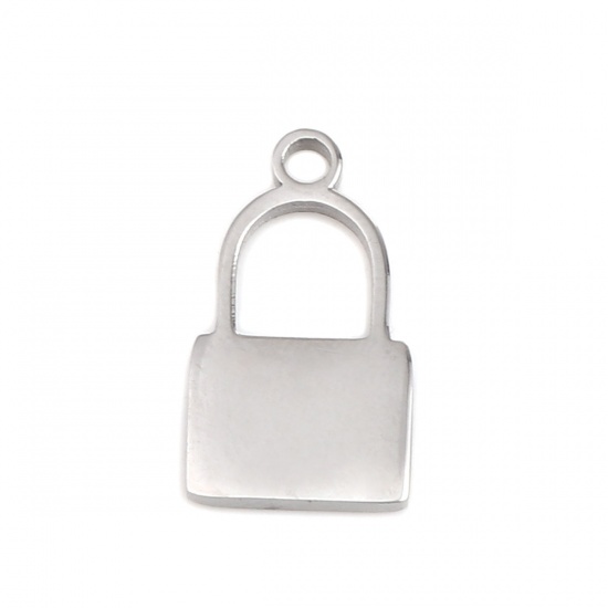 Picture of 304 Stainless Steel Charms Lock Silver Tone Blank Stamping Tags One Side 16mm x 9mm, 1 Piece