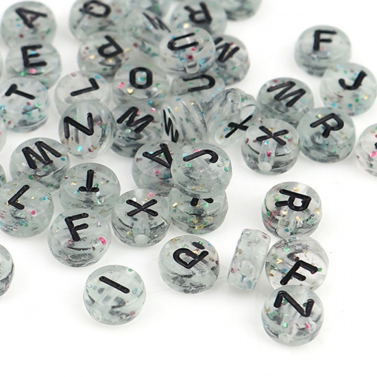 Picture of Acrylic Beads Flat Round Black Initial Alphabet/ Capital Letter Pattern Glitter About 7mm Dia., Hole: Approx 1.4mm, 500 PCs