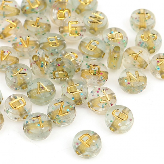 Picture of Acrylic Beads Flat Round Golden Initial Alphabet/ Capital Letter Pattern Glitter About 7mm Dia., Hole: Approx 1.4mm, 500 PCs