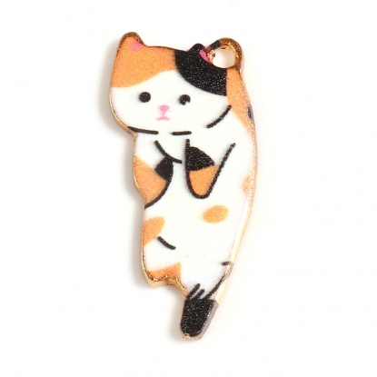 Picture of Zinc Based Alloy Charms Cat Animal Gold Plated Multicolor Enamel 25mm x 13mm, 10 PCs