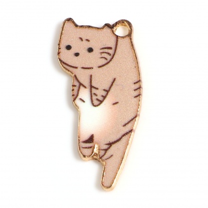 Picture of Zinc Based Alloy Charms Cat Animal Gold Plated Light Coffee Enamel 25mm x 13mm, 10 PCs