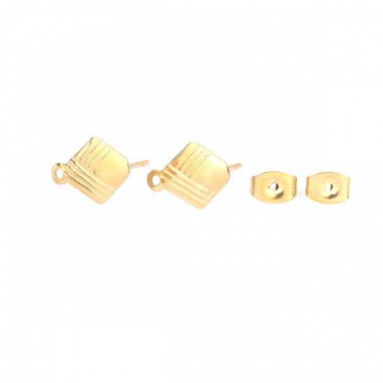 Bild von 304 Edelstahl Ohrring Ohrstecker Raute Vergoldet Streifen M/Öse 13mm x 9mm, Drahtstärke: (21 gauge), 100 Stück