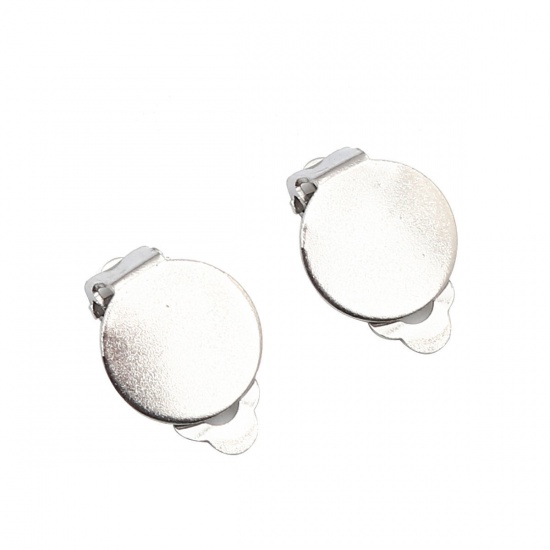 Picture of 304 Stainless Steel Non Piercing Clip-on Earrings Round Silver Tone Glue On (Fits 12mm Dia.) 15mm x 12mm, 100 PCs