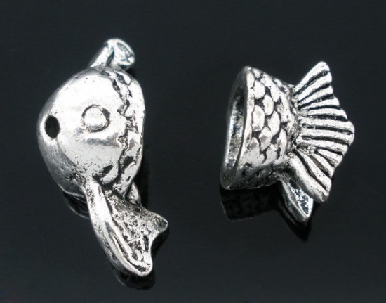 Immagine di Lega di Zinco Coppette Copriperla Pesce Argento Antico Pesce Disegno (Addetti 10mm-14mm Perline) 23mm x 10mm 13mm x 10mm, 1 Serie