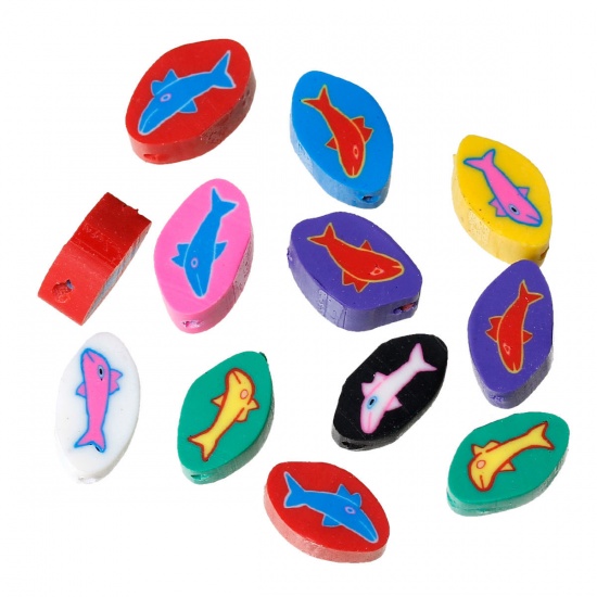 Picture of Clay Beads Oval At Random Fish Pattern About 11mm x 7mm, Hole: Approx 1.2mm-1.8mm, 9 PCs