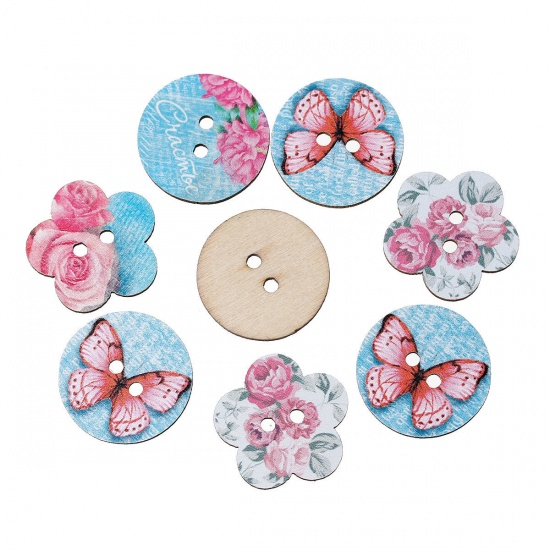Picture of Wood Sewing Buttons Scrapbooking At Random 2 Holes Butterfly Pattern 25mm x24mm(1" x1") - 24mm(1") Dia, 6 PCs