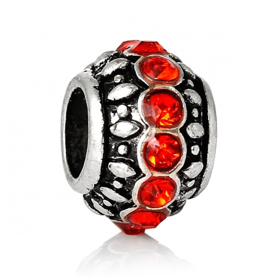 Picture of Zinc Based Alloy European Style Large Hole Charm Beads Antique Silver Color Round Orange Rhinestone 11mm x 7mm, Hole: Approx 4.9mm, 1 Piece