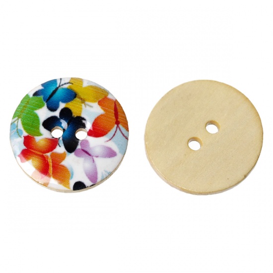 Picture of Wood Sewing Buttons Scrapbooking Round Multicolor 2 Holes Butterfly Pattern Enamel 25mm(1") Dia, 2 PCs