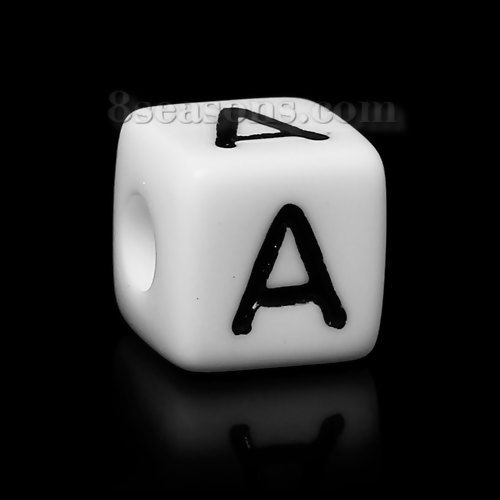 Picture of Acrylic Spacer Beads Cube White & Black Alphabet/ Letter "A" About 10mm x 10mm, Hole: Approx 3.6mm, 100 PCs
