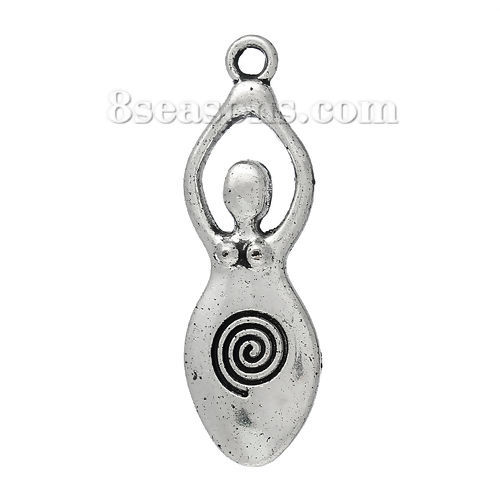 Picture of Zinc Based Alloy Mother's Day Pendants Antique Silver Color Venus Of Willendorf Fertility Goddess Pregnancy 39mm x 13mm, 10 PCs