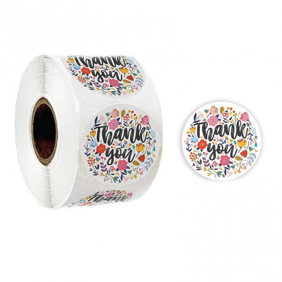Paper DIY Scrapbook Deco Stickers Round Multicolor Flower Pattern " THANK YOU " 2.5cm Dia., 1 Roll (Approx 500 PCs/Roll) の画像