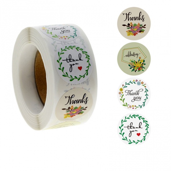 Paper DIY Scrapbook Deco Stickers Round Multicolor Flower Leaves Pattern " THANK YOU " 2.5cm Dia., 1 Roll (Approx 500 PCs/Roll) の画像