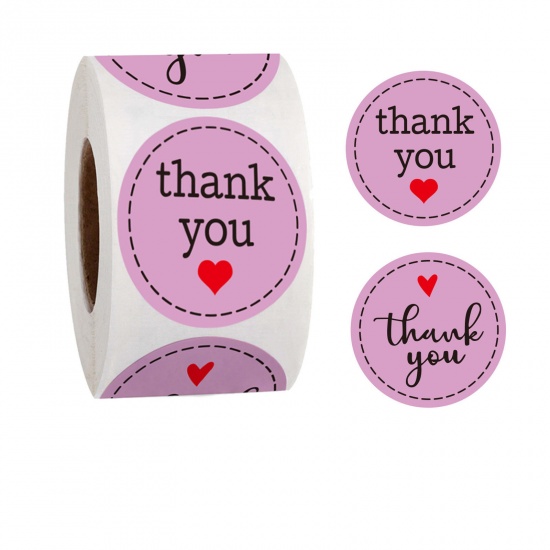 Paper DIY Scrapbook Deco Stickers Round Pale Lilac Heart Pattern " THANK YOU " 2.5cm Dia., 1 Roll (Approx 500 PCs/Roll) の画像