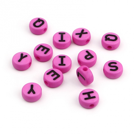 Picture of Acrylic Beads Capital Alphabet/ Letter Fuchsia At Random Pattern Enamel About 10mm Dia., Hole: Approx 2.2mm, 200 PCs