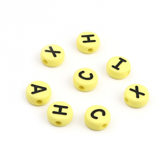 Picture of Acrylic Beads Capital Alphabet/ Letter Yellow At Random Pattern Enamel About 10mm Dia., Hole: Approx 2.2mm, 200 PCs