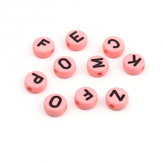 Picture of Acrylic Beads Capital Alphabet/ Letter Peach Pink At Random Pattern Enamel About 10mm Dia., Hole: Approx 2.2mm, 200 PCs