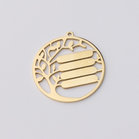 Picture of Stainless Steel Pendants Round Tree Gold Plated Blank Stamping Tags One Side 32mm, 1 Piece