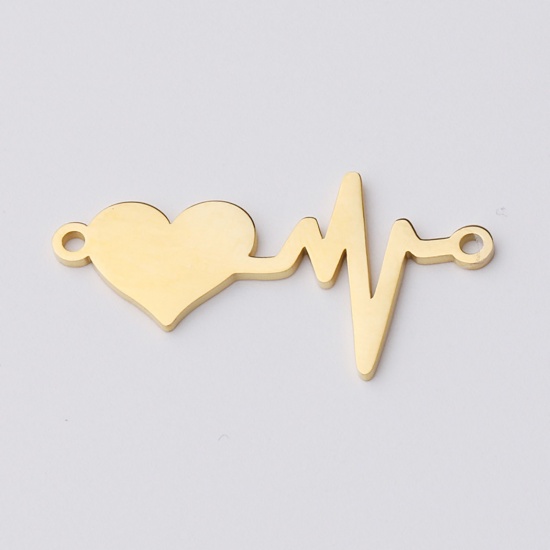Picture of Stainless Steel Connectors Heartbeat/ Electrocardiogram Heart Gold Plated Blank Stamping Tags One Side 35mm x 19mm, 1 Piece