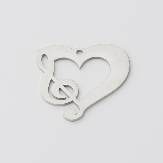 Picture of Stainless Steel Pendants Heart Musical Note Silver Tone Blank Stamping Tags One Side 30mm x 27mm, 1 Piece