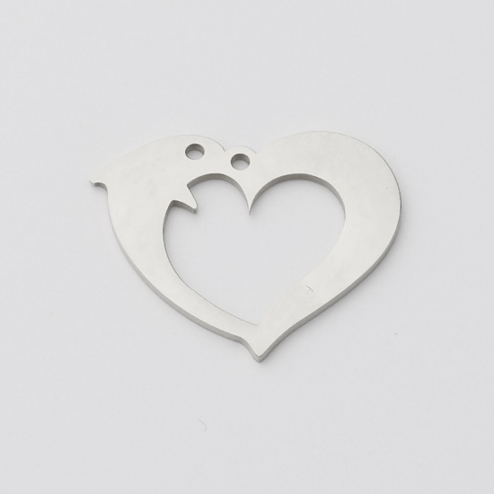 Picture of Stainless Steel Pendants Heart Dolphin Silver Tone Blank Stamping Tags One Side 30mm x 25mm, 1 Piece
