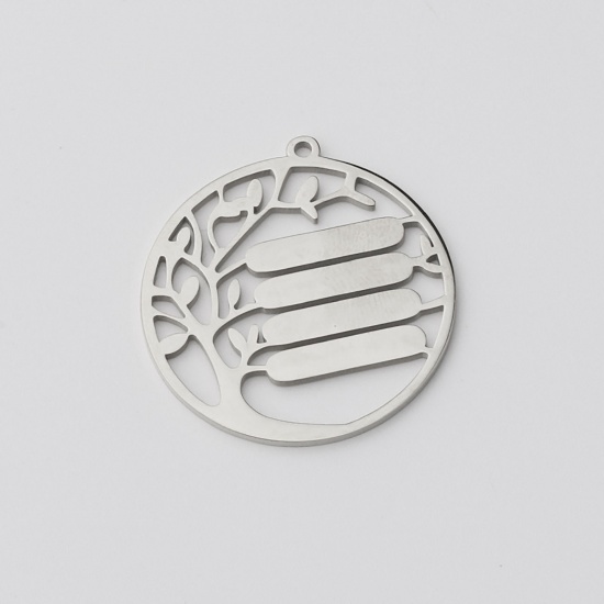 Picture of Stainless Steel Pendants Round Tree Silver Tone Blank Stamping Tags One Side 32mm, 1 Piece
