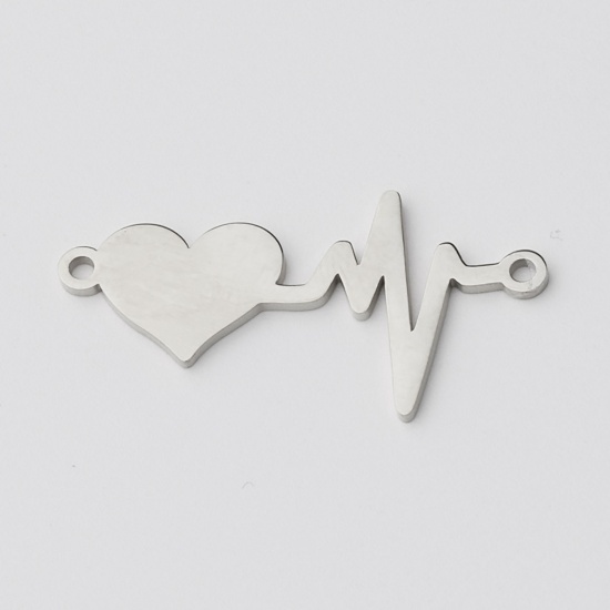 Picture of Stainless Steel Connectors Heartbeat/ Electrocardiogram Heart Silver Tone Blank Stamping Tags One Side 35mm x 19mm, 1 Piece
