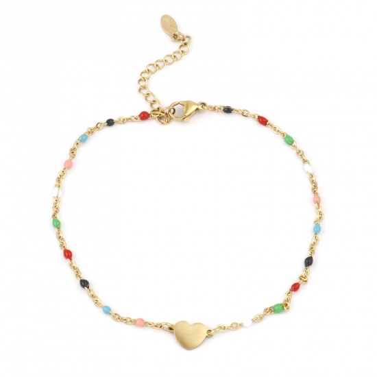 Picture of Stainless Steel Valentine's Day Anklet Gold Plated Multicolor Enamel Heart 23cm(9") long, 1 Piece