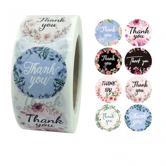 Immagine di Multicolor - Thank You 8 Pattern Floral Gift Decoration Art Paper Baking Packaging Label Seal Sticker 2.5cm Dia., 1 Roll(500 PCs/Roll)