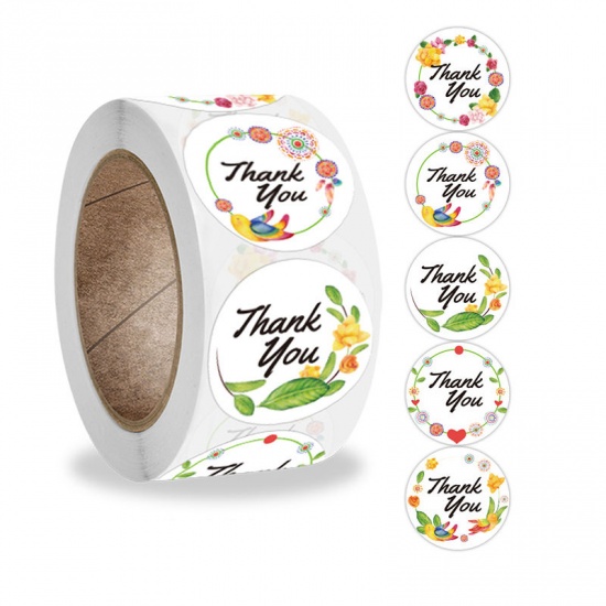 Immagine di Multicolor - Thank You Flowers And Leaves 5 Pattern Crafts Decoration Art Paper Baking Packaging Label Seal Sticker 2.5cm Dia., 1 Roll(500 PCs/Roll)