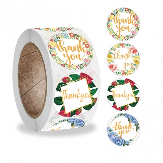 Immagine di Multicolor - Thank You Flowers 4 Patterns Handicraft Decoration Art Paper Baking Packaging Label Seal Sticker 2.5cm Dia., 1 Roll(500 PCs/Roll)
