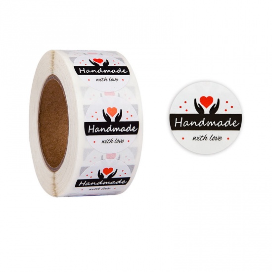 Immagine di Black - Handmade With Love Hand Holding Heart Decoration Art Paper Baking Packaging Label Seal Sticker 2.5cm Dia., 1 Roll(500 PCs/Roll)