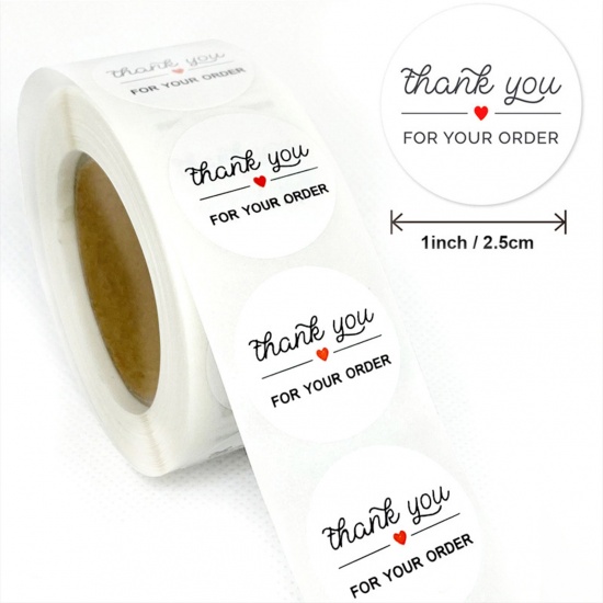 Immagine di White - Thank You For Your Order Round Decorative Art Paper Baking Packaging Label Seal Sticker 2.5cm Dia., 1 Roll(500 PCs/Roll)