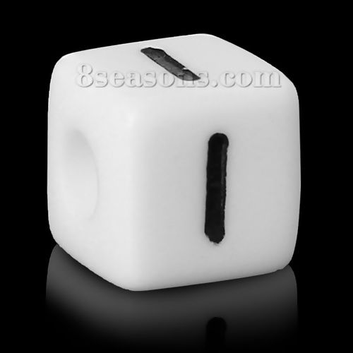 Picture of Acrylic Spacer Beads Cube White Alphabet/ Letter "I" About 10mm x 10mm, Hole: Approx 4mm, 100 PCs