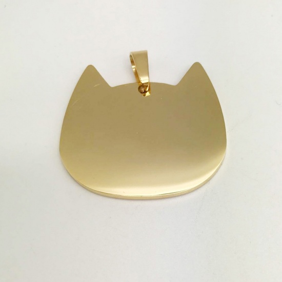 Picture of Stainless Steel Charms Cat Animal Gold Plated Blank Stamping Tags One Side 26mm x 25mm, 1 Piece