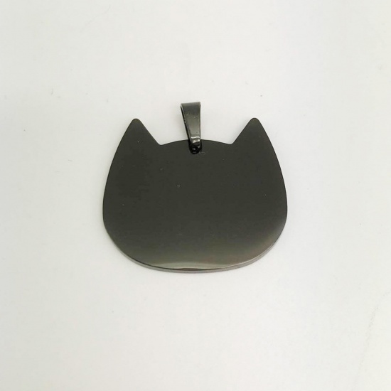 Picture of Stainless Steel Charms Cat Animal Black Blank Stamping Tags One Side 26mm x 25mm, 1 Piece