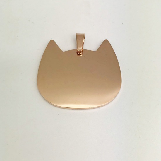 Picture of Stainless Steel Charms Cat Animal Rose Gold Blank Stamping Tags One Side 26mm x 25mm, 1 Piece