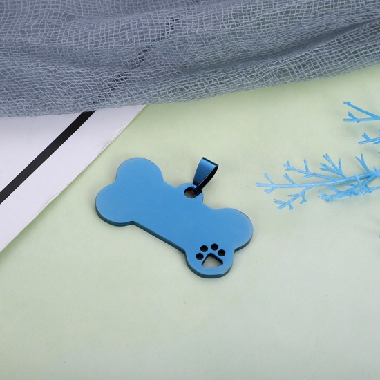 Picture of Stainless Steel Pet Memorial Pendants Bone Paw Claw Blue Blank Stamping Tags One Side 40mm x 21mm, 1 Piece