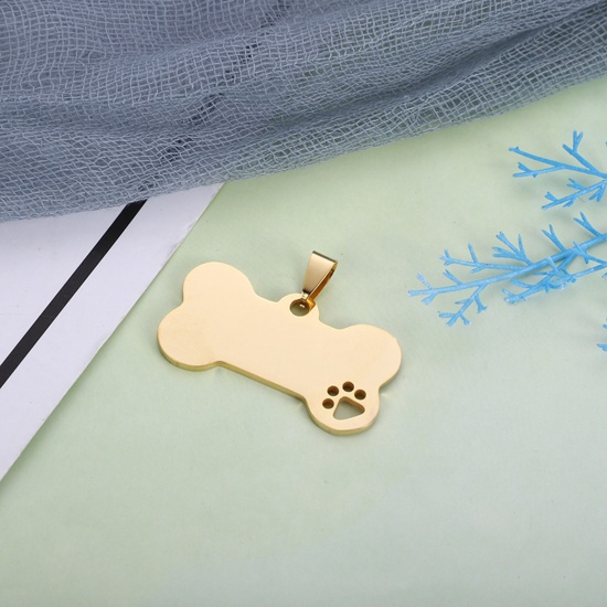 Picture of Stainless Steel Pet Memorial Pendants Bone Paw Claw Gold Plated Blank Stamping Tags One Side 40mm x 21mm, 1 Piece