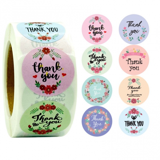 Immagine di Multicolor - Flower Thank You Round Decorative Paper Baking Packaging Label Seal Sticker 2.5cm Dia., 1 Roll(500 PCs/Roll)
