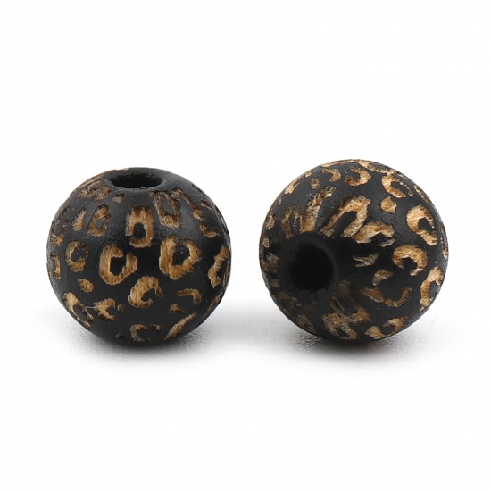 Picture of Wood Spacer Beads Round Black Leopard Print About 10mm Dia., Hole: Approx 2.8mm, 20 PCs