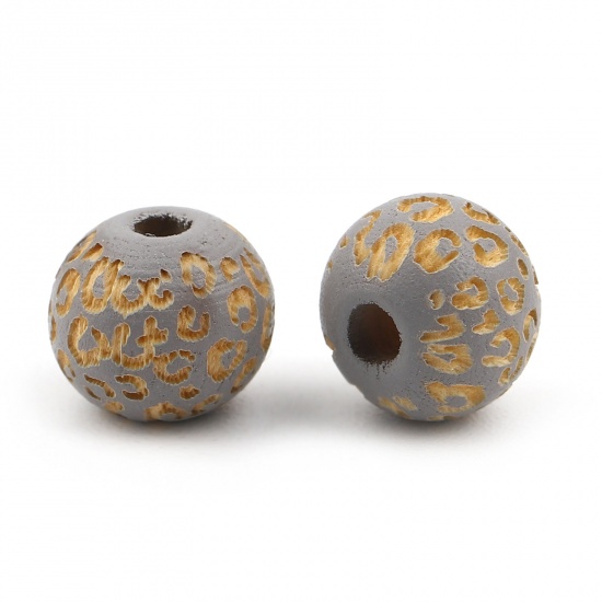 Picture of Wood Spacer Beads Round Gray Leopard Print About 10mm Dia., Hole: Approx 2.8mm, 20 PCs