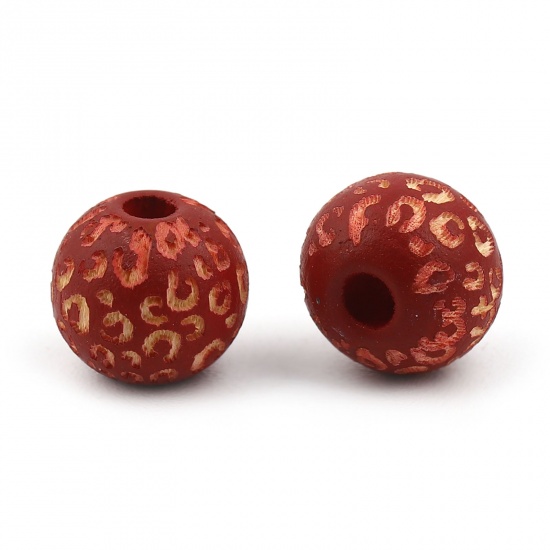 Picture of Wood Spacer Beads Round Red Leopard Print About 10mm Dia., Hole: Approx 2.8mm, 20 PCs