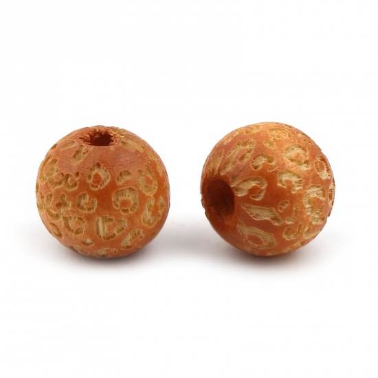 Picture of Wood Spacer Beads Round Dark Orange Leopard Print About 10mm Dia., Hole: Approx 2.8mm, 20 PCs