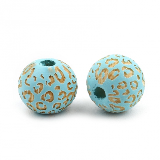 Picture of Wood Spacer Beads Round Light Blue Leopard Print About 10mm Dia., Hole: Approx 2.8mm, 20 PCs