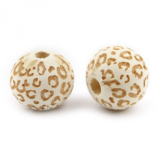 Picture of Wood Spacer Beads Round Creamy-White Leopard Print About 10mm Dia., Hole: Approx 2.8mm, 20 PCs