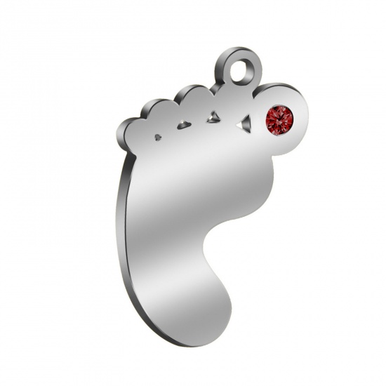 Picture of 304 Stainless Steel Birthstone Charms Silver Tone Feet January Wine Red Rhinestone 21mm x 14mm, 1 Piece