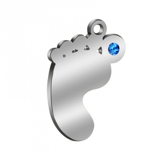 Picture of 304 Stainless Steel Birthstone Charms Silver Tone Feet December Blue Rhinestone 21mm x 14mm, 1 Piece