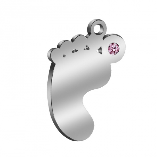 Picture of 304 Stainless Steel Birthstone Charms Silver Tone Feet October Pink Rhinestone 21mm x 14mm, 1 Piece